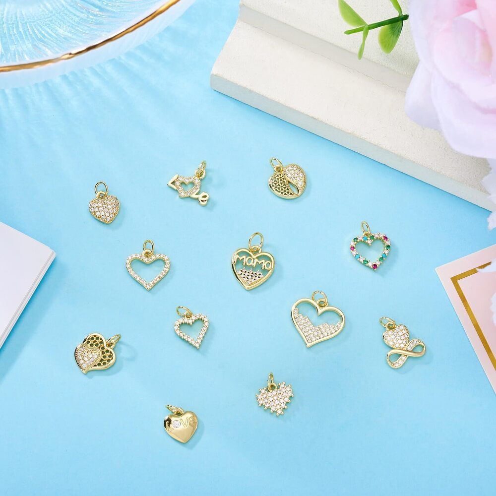 6329 12Pcs Brass 18K Gold Plated Heart Charms Cubic Zirconia Crystal Charms - Picture 6 of 7